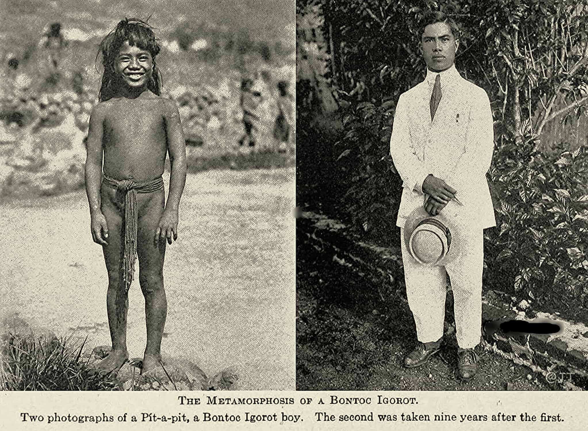 Photo on left shows a smiling, barefoot Bontoc Igorot boy wearing a loincloth. Photo on right shows a Bontoc Igorot man dressed in a suit and tie.