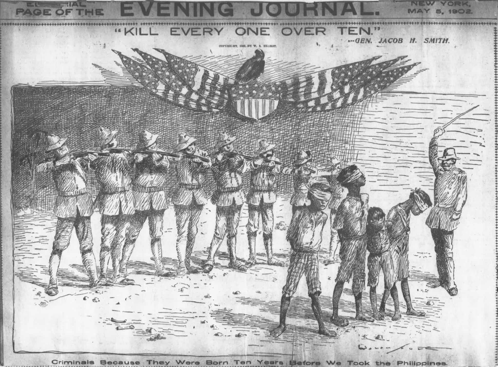 Political cartoon with soldiers ready to execute four blindfolded Filipino children as an officer wields a sword above his head to signal the shot.