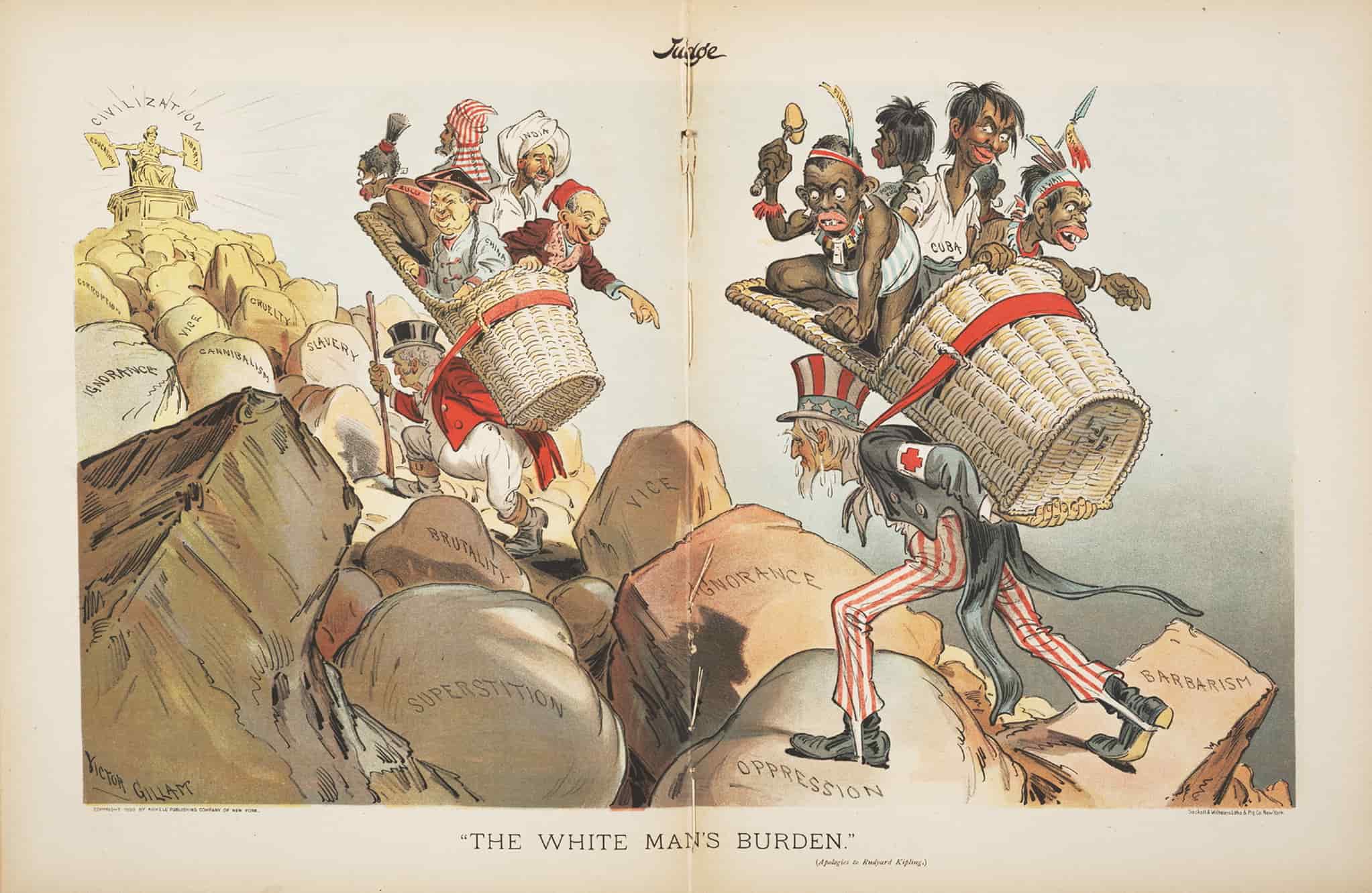 Cartoon of Uncle Sam carrying people from various colonized nations up a steep, rocky path. They climb over rocks labeled with negative traits.
