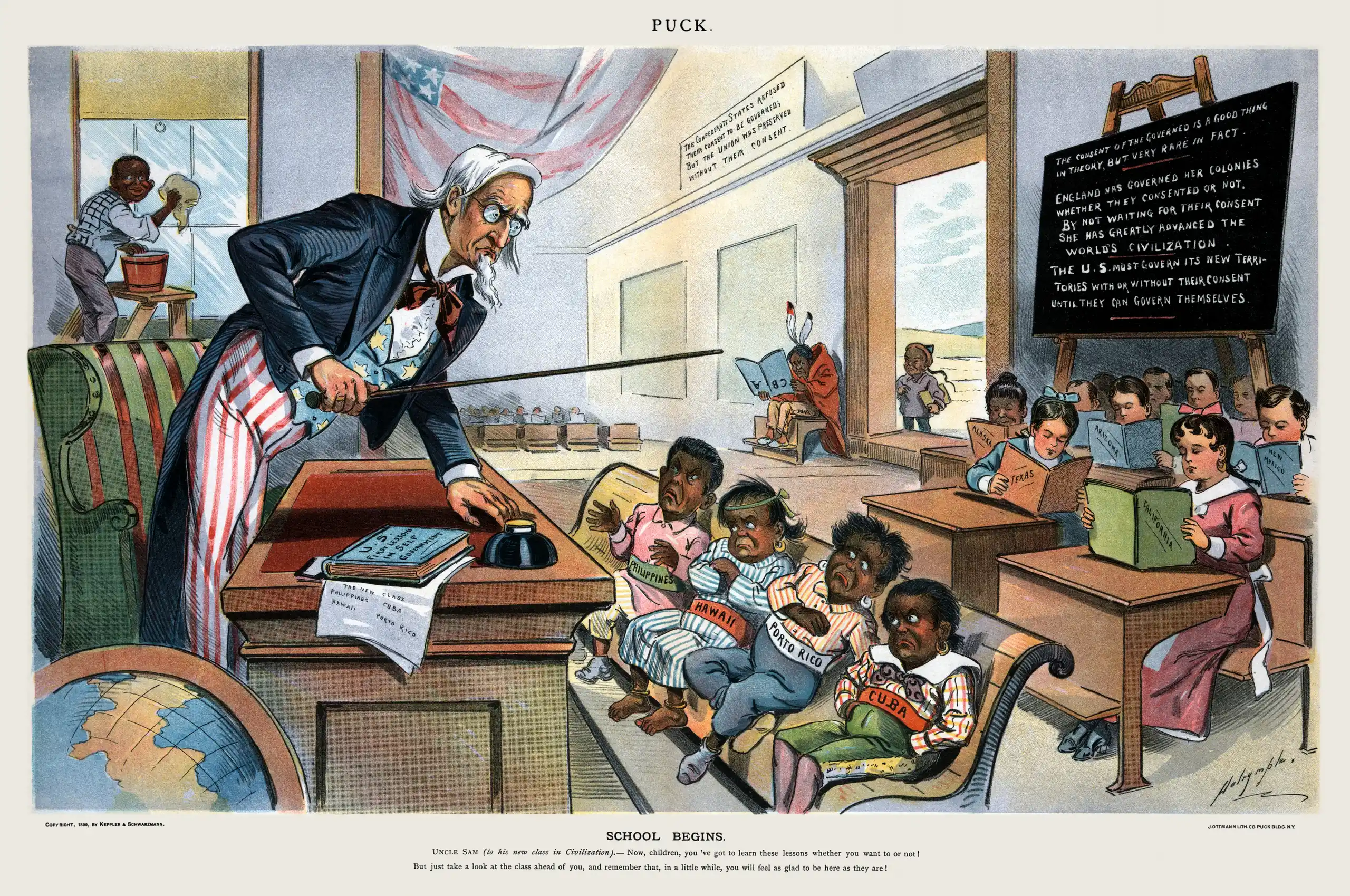 Cartoon with Uncle Sam, a white man dressed in stars and stripes of U.S. flag, who looms over brown children wearing names of different countries.
