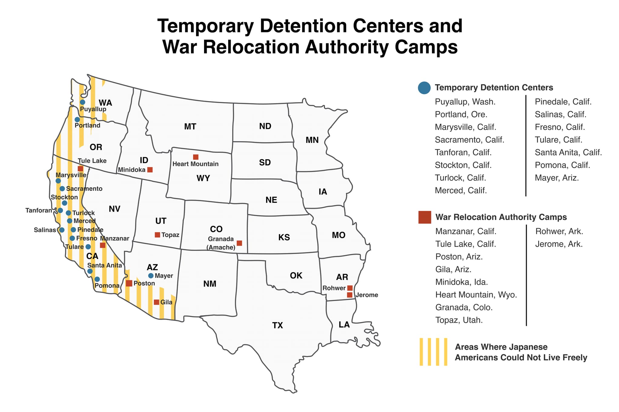Map shows locations of temporary detention centers, permanent internment camps, and areas where Japanese Americans were not permitted to live freely.