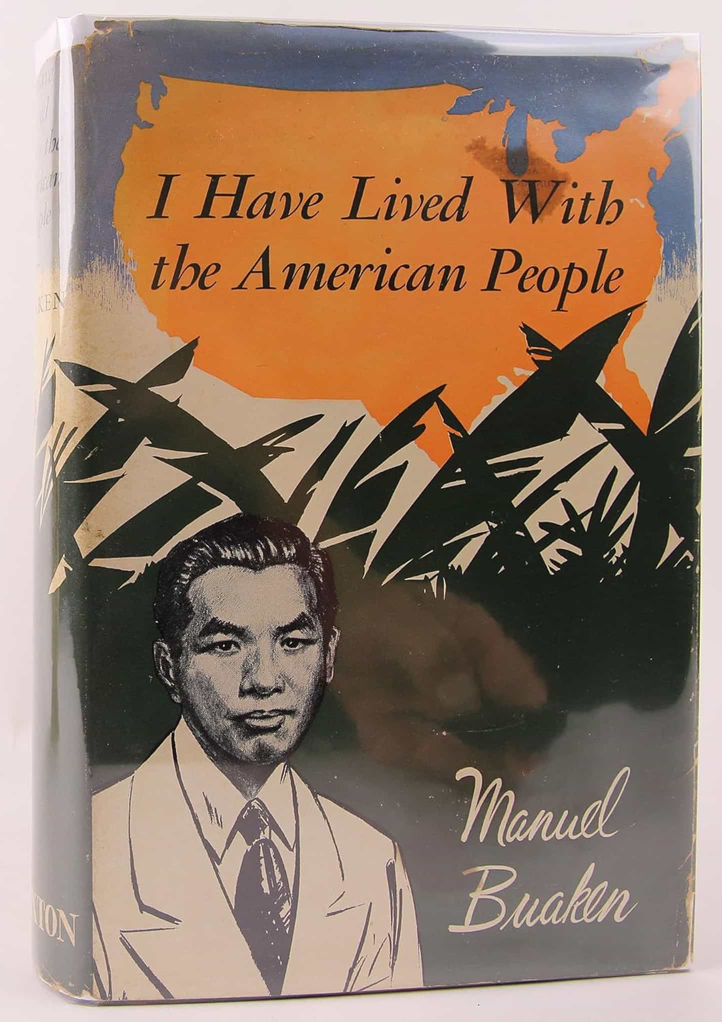 Cover of I Have Lived With the American People. The title appears in an outline of the U.S. above stylized tropical foliage and drawing of Buaken.