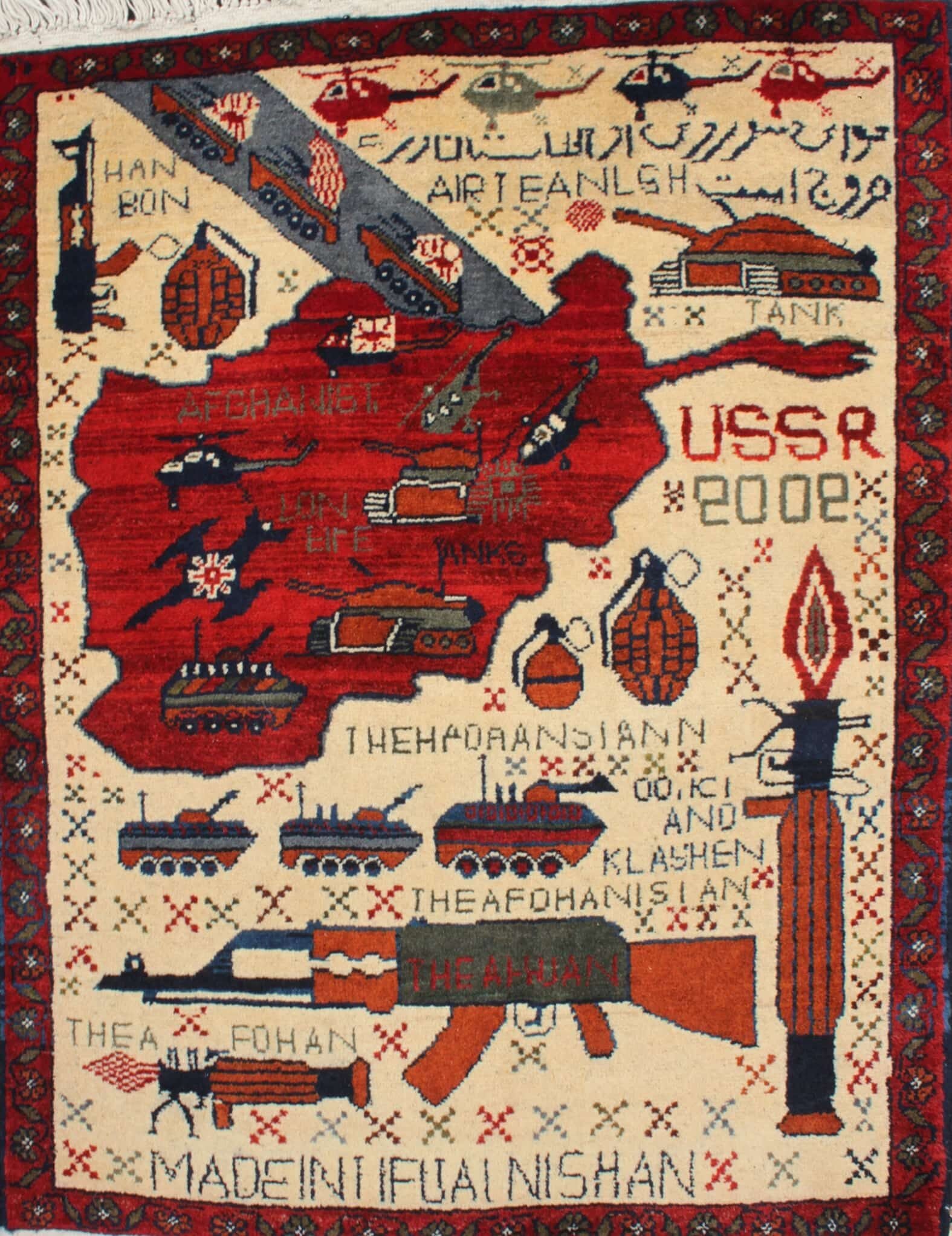 War rug depicts Soviet troops leaving Afghanistan. Guns, grenades, helicopters, tanks, fighter jets, grenade launchers and x shapes are woven in.
