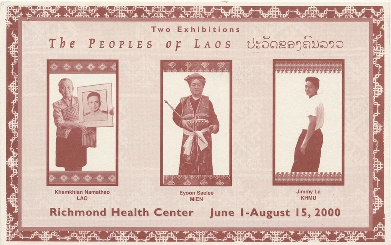 Flyer for exhibit. Three portraits of Laotian people appear in separate rectangles with their name and ethnic group listed below.