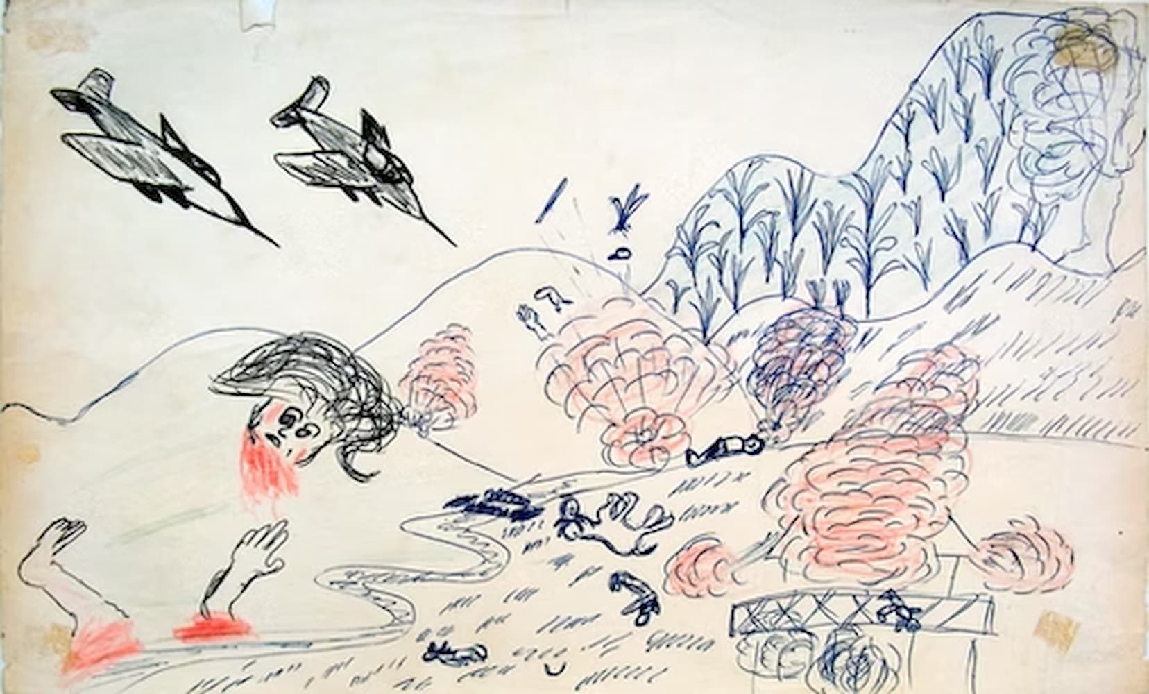 Pen and crayon drawing of dismembered bodies of Laotians and their livestock on a field on fire. Two planes fly in the top left corner.