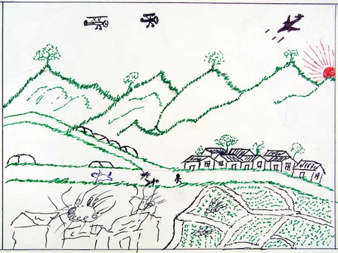 A drawing in markers of a farming village in Laos being bombed by a plane on the top right. Villagers are lying dead and fires are burning the houses.