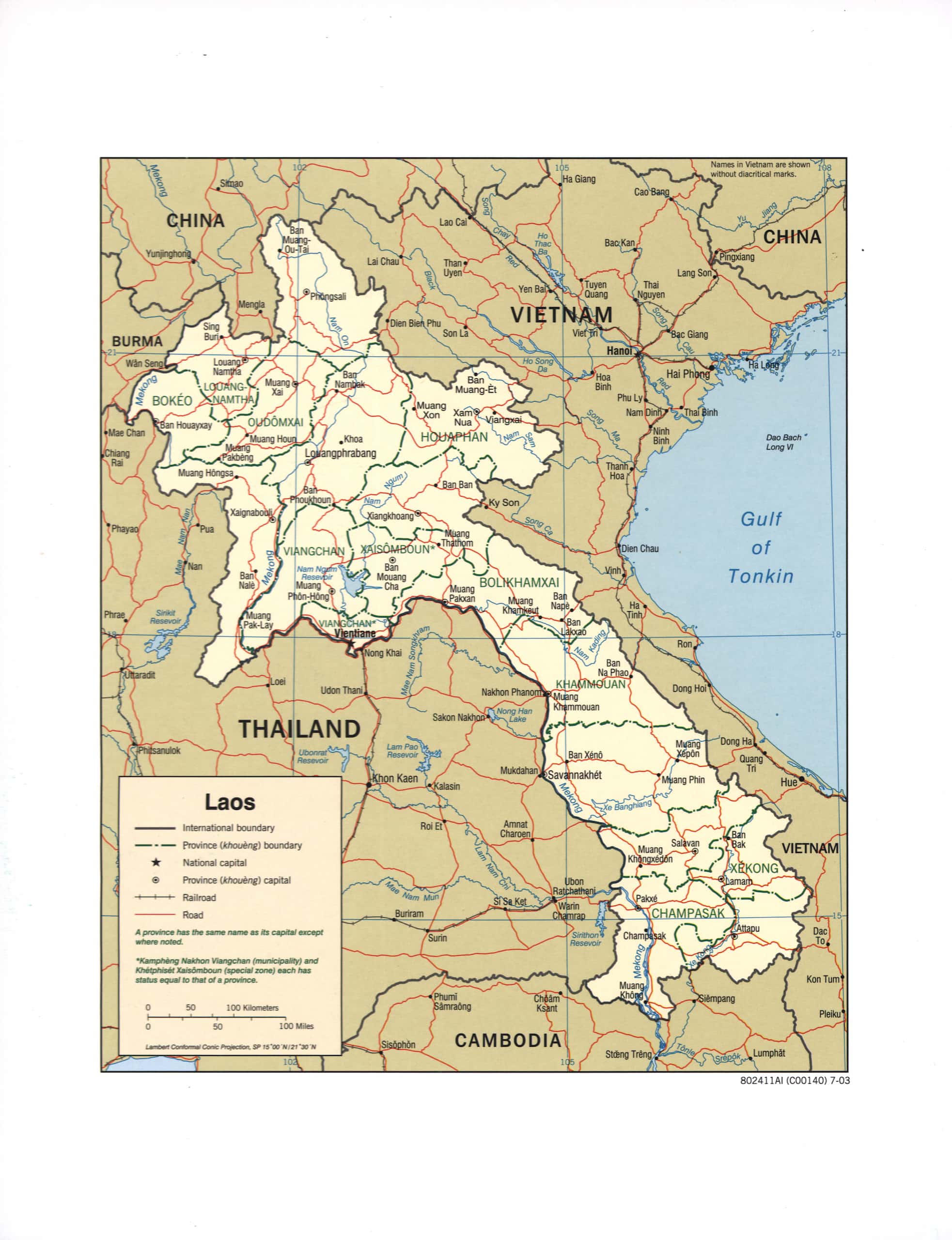 Map of Laos surrounded by Vietnam, China, Cambodia, and Thailand. Marked are international and provincial boundaries, capitals, railroads, and roads.