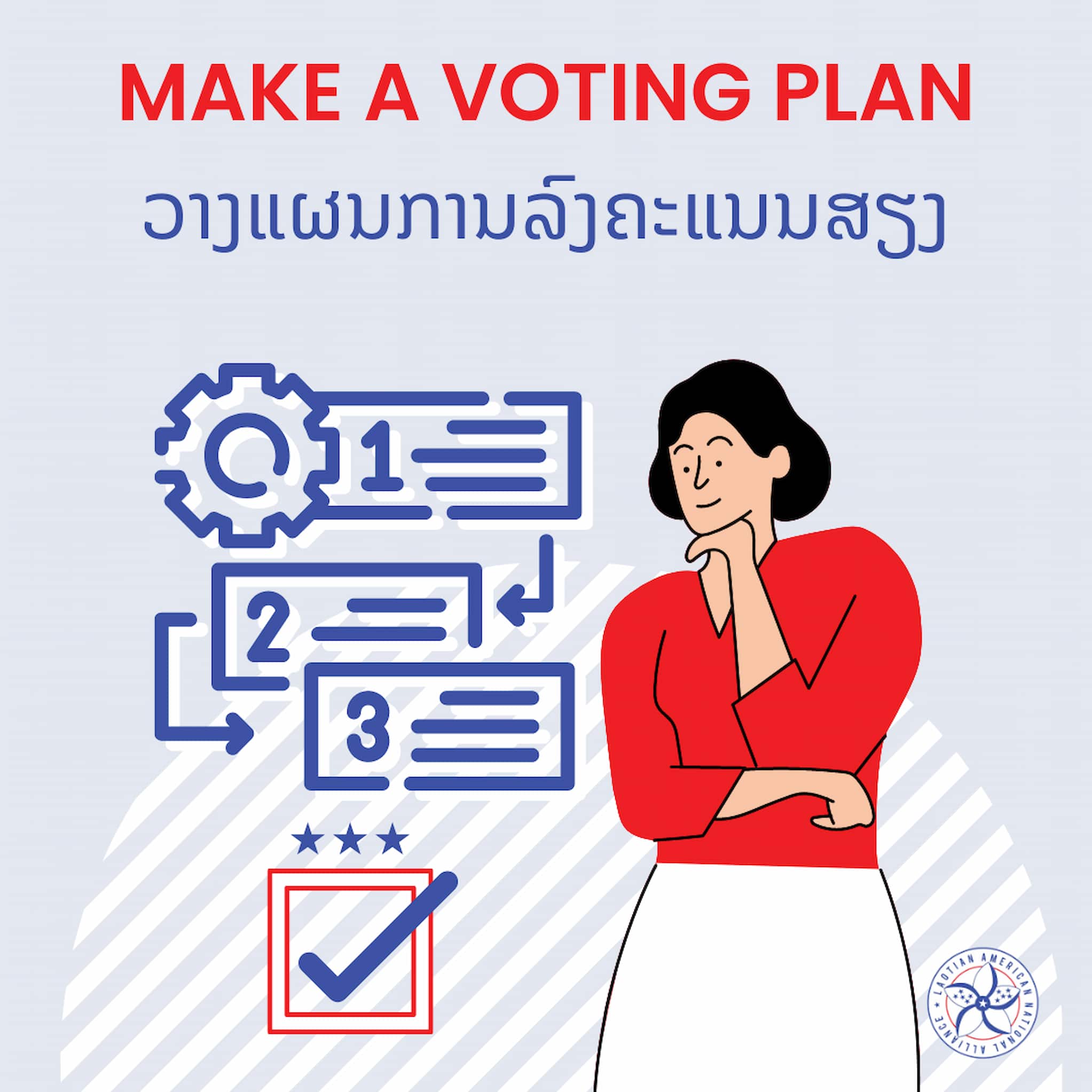 Graphic of a woman thinking next to a list of vague instructions with a check mark. Text in English and Lao reads, "Make A Voting Plan."