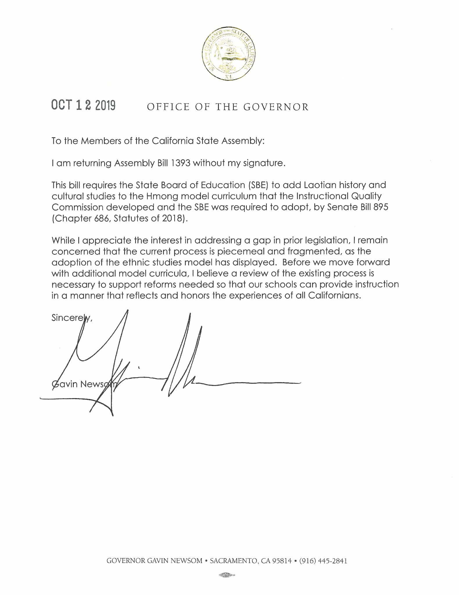 Letter from Governor Gavin Newsom to the Members of the California State Assembly vetoing AB-1393 and providing the reason for doing so.