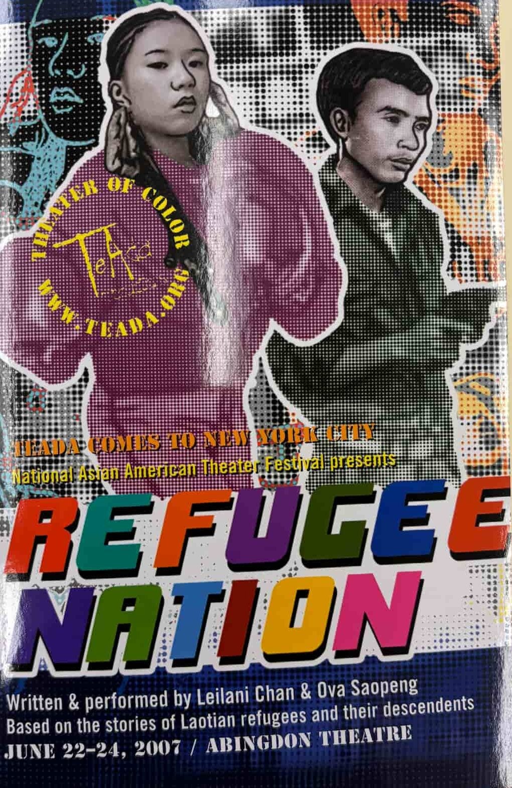 Flyer for the play Refugee Nation featuring a drawing of a Lao woman with boxing gloves and a Lao man with a gun.