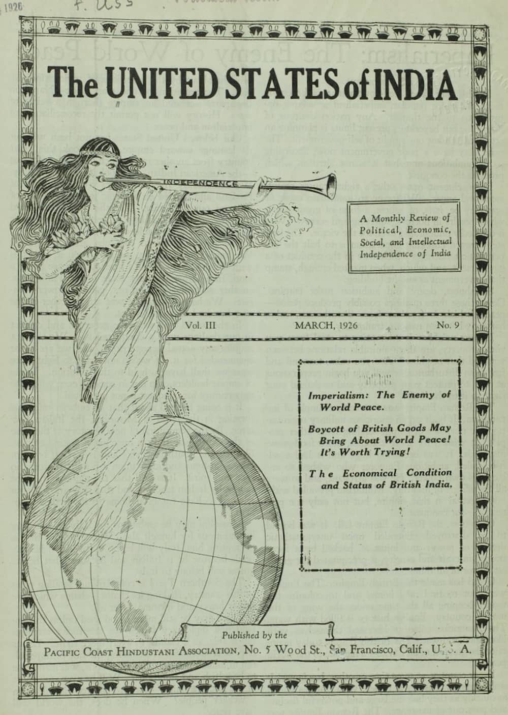 Cover of "The United States of India" with a drawing of a woman wearing saree and blowing into a long bugle rising from India to hover over the globe.