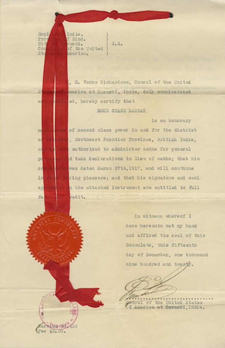 Page one of Indian Vaishno Das Bagai's caste certification papers. A ribbon woven through the top of the page with its ends held down by a wax seal.