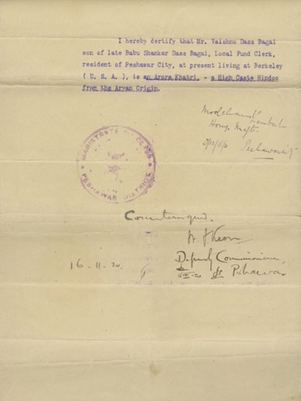 Page two of Indian Vaishno Das Bagai's caste certification papers. Certification paragraph is stamped and signed by a Peshawar District magistrate.