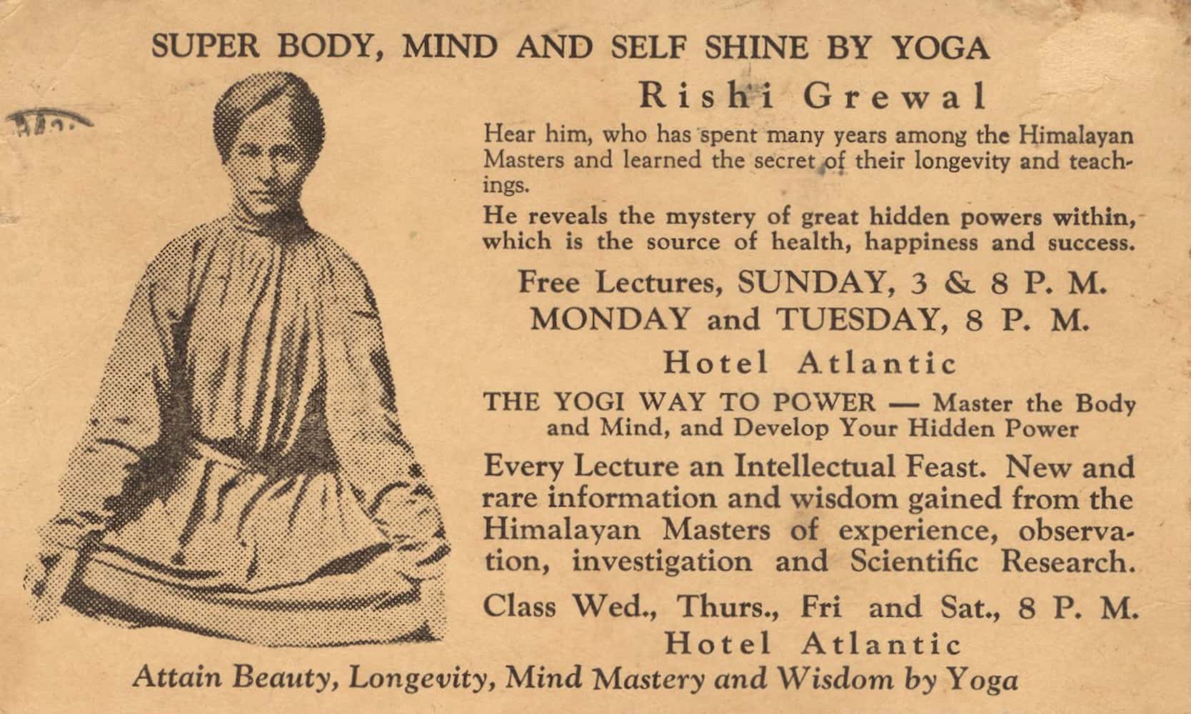 Flyer for lectures by yoga instructor Indian Rishi Singh Gherwal. On left, a photo of Gherwal seated in lotus position wearing a turban and tunic.