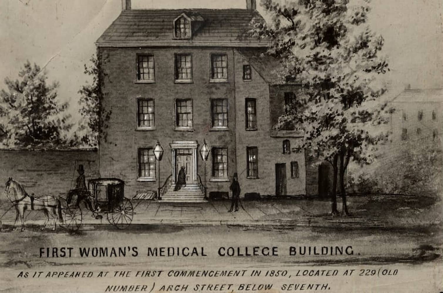 Drawing entitled "First Woman's Medical College Building" shows a three story building with many windows. On the left is a horse drawn carriage.