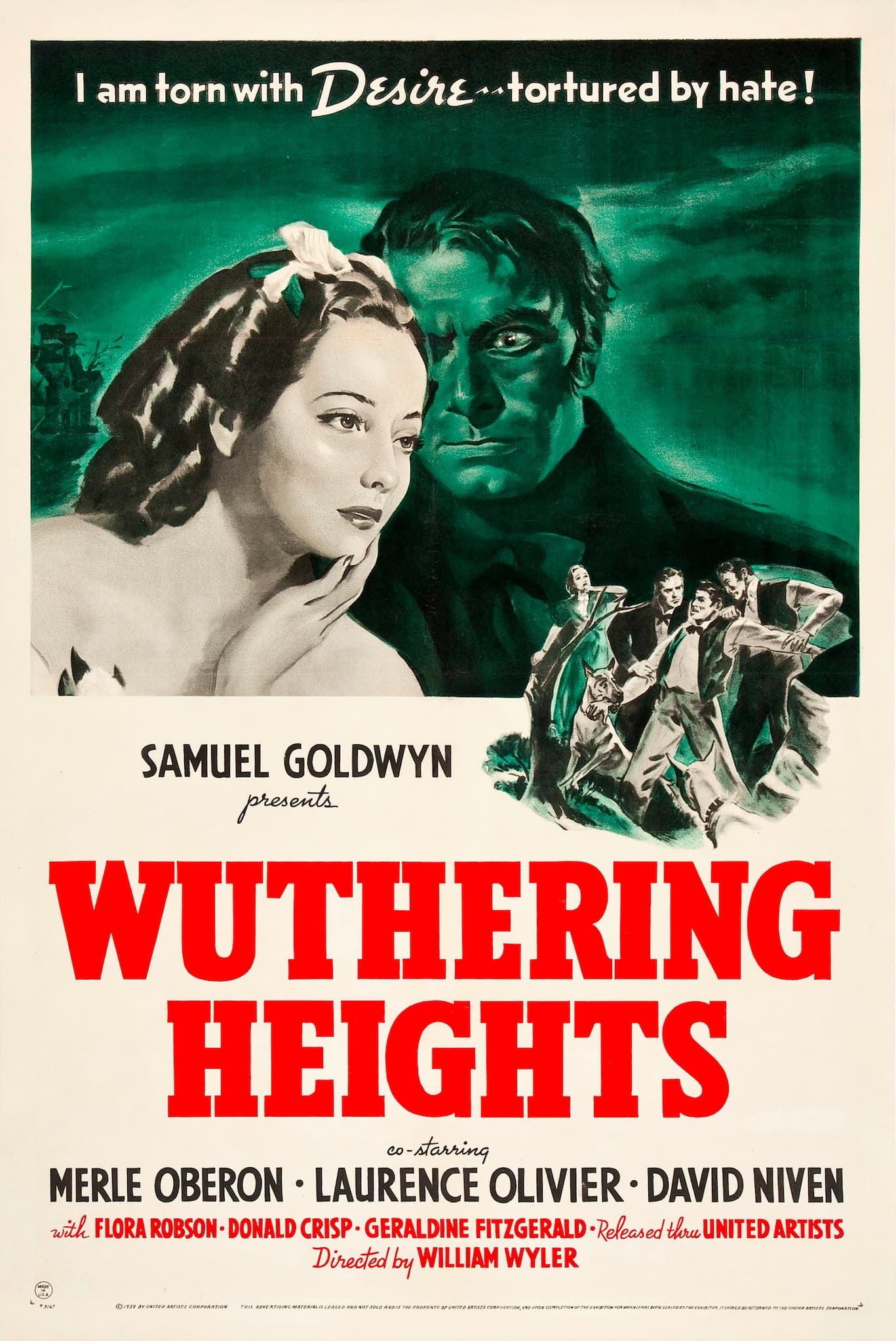 Wuthering Heights poster. Above title in red font, Merle Oberon poses with her hand touching her chin. Laurence Olivier stares intensely behind her.