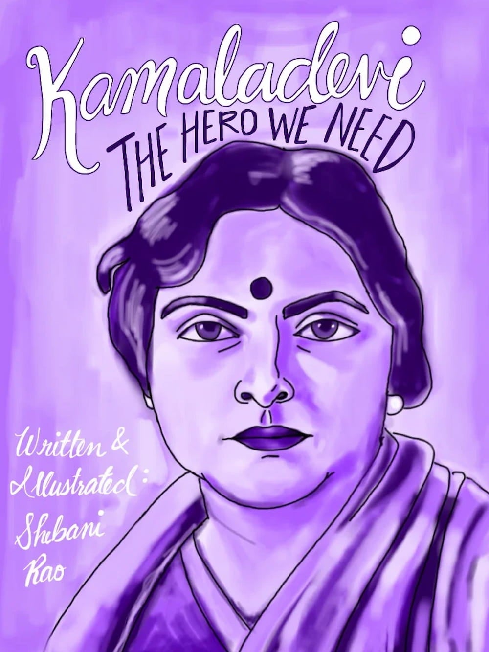 The front cover of "Kamaladevi: The Hero We Need" features a drawing of her in a saree, rendered in shades of purple.