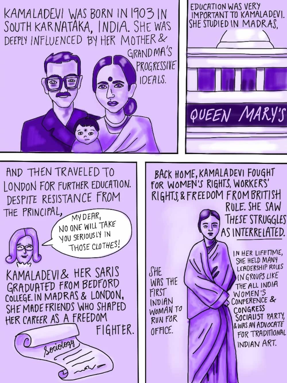 Page one of "Kamaladevi: The Hero We Need" includes drawings of her parents with her as a baby, Madras College, and her as an adult in a saree.
