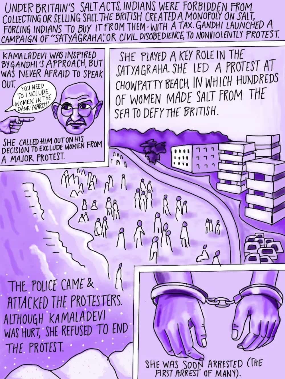 Page two details the effects of Britain's Salt Acts, featuring drawings of Gandhi, hands in handcuffs, and group of people on sea shore.