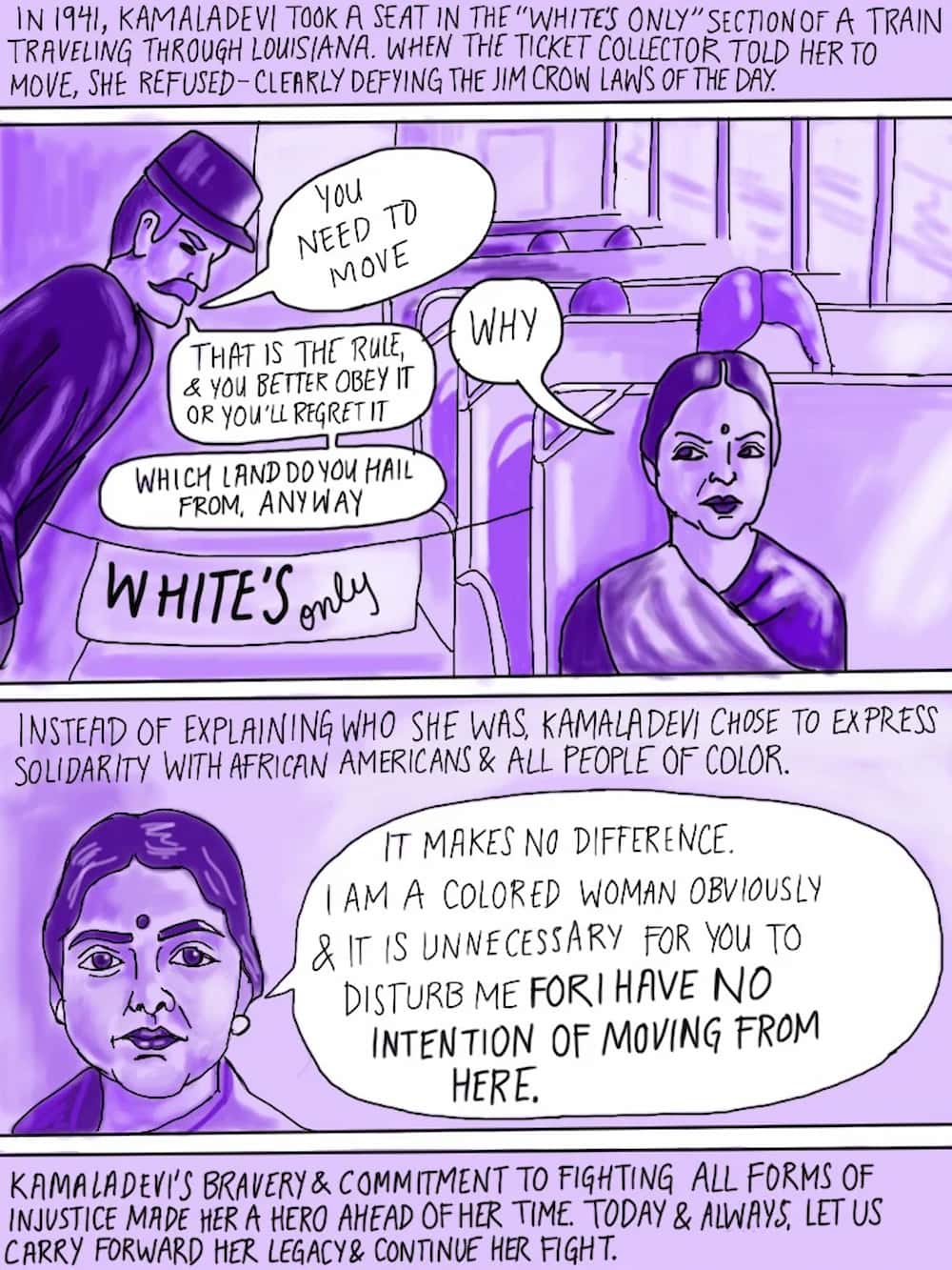 Page four features drawings of Chattopadhyay, dressed in a saree, sitting in the Whites Only section of a train and being confronted by an attendant.