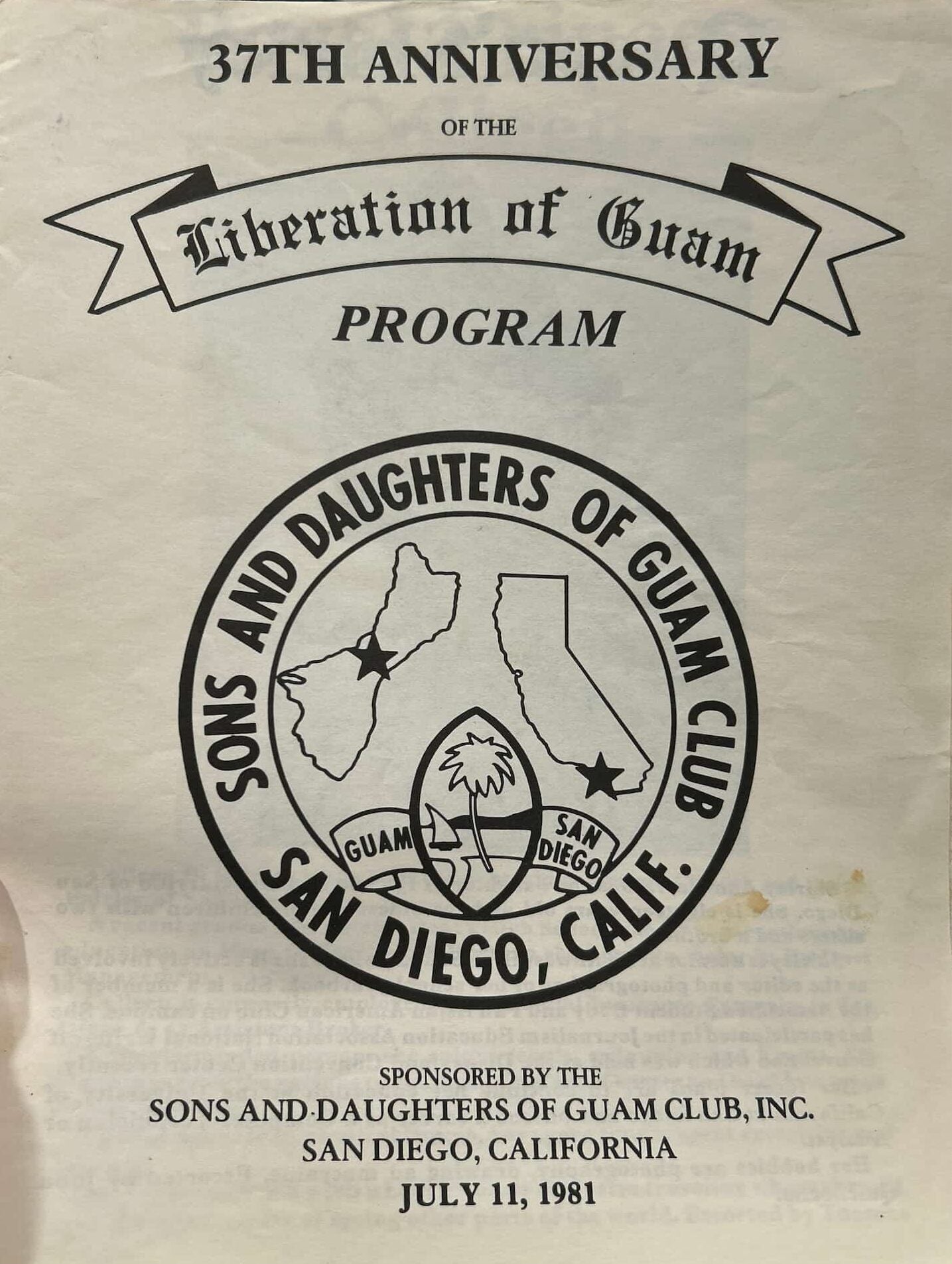 Program cover for the 37th Anniversary of the Liberation of Guam with the seal of the Sons and Daughters of Guam Club featured in the center.