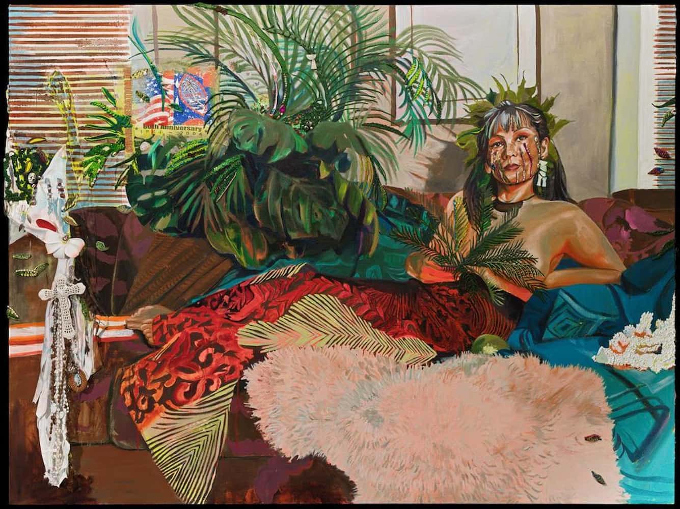 Colorful oil painting of CHamoru woman. She is seated on a couch wearing a patterned textile wrapped around her waist and floral crown.