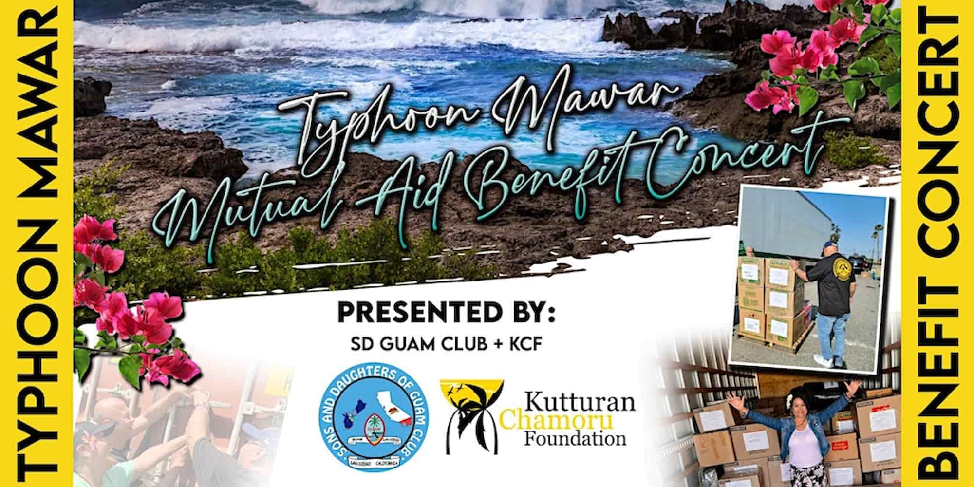 Flyer for a mutual aid benefit concert features a rocky shoreline at the top and three images of volunteers handling relief supplies on the sides.