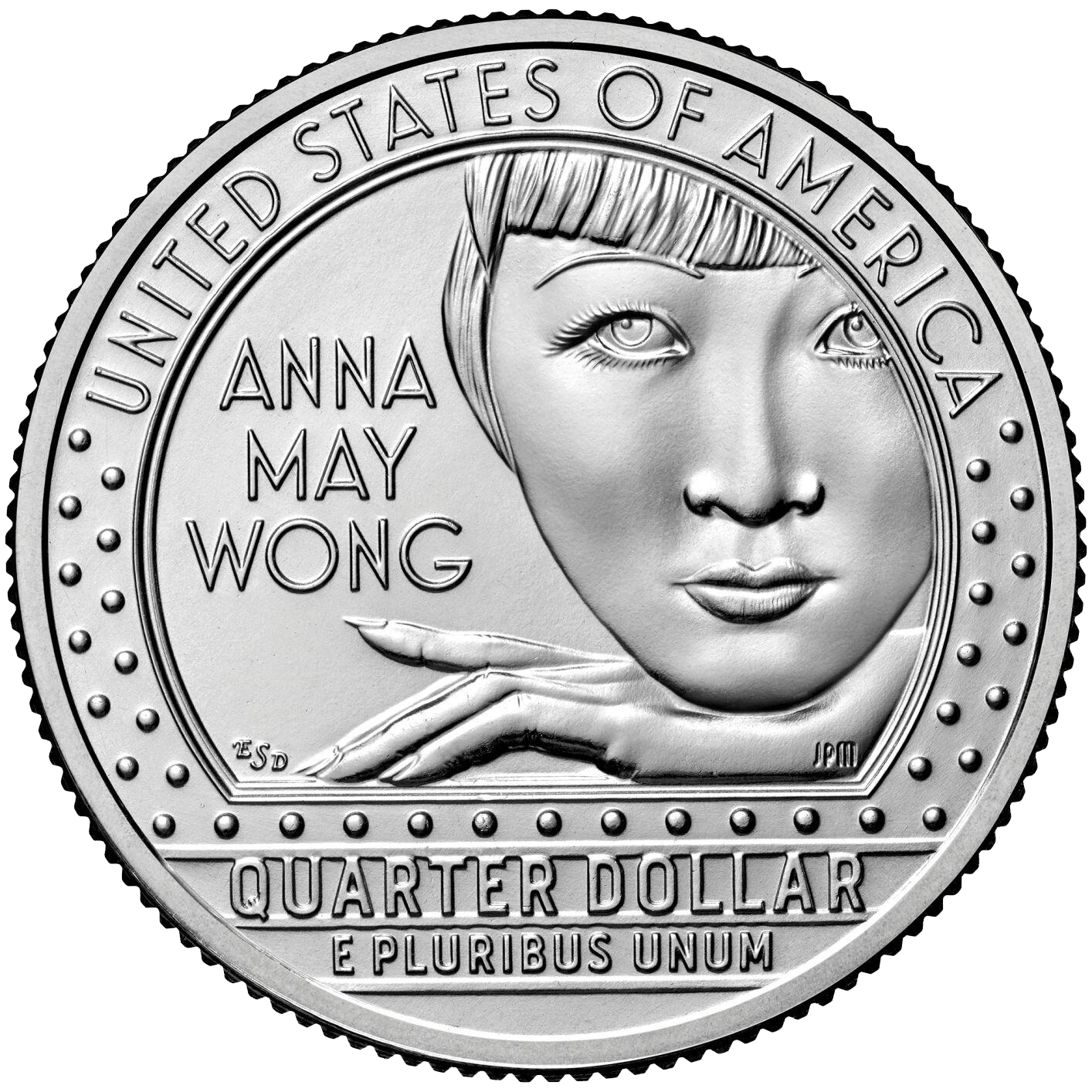 U.S. quarter features Anna May Wong portrait. Wong poses with her chin resting on the back of her hand.