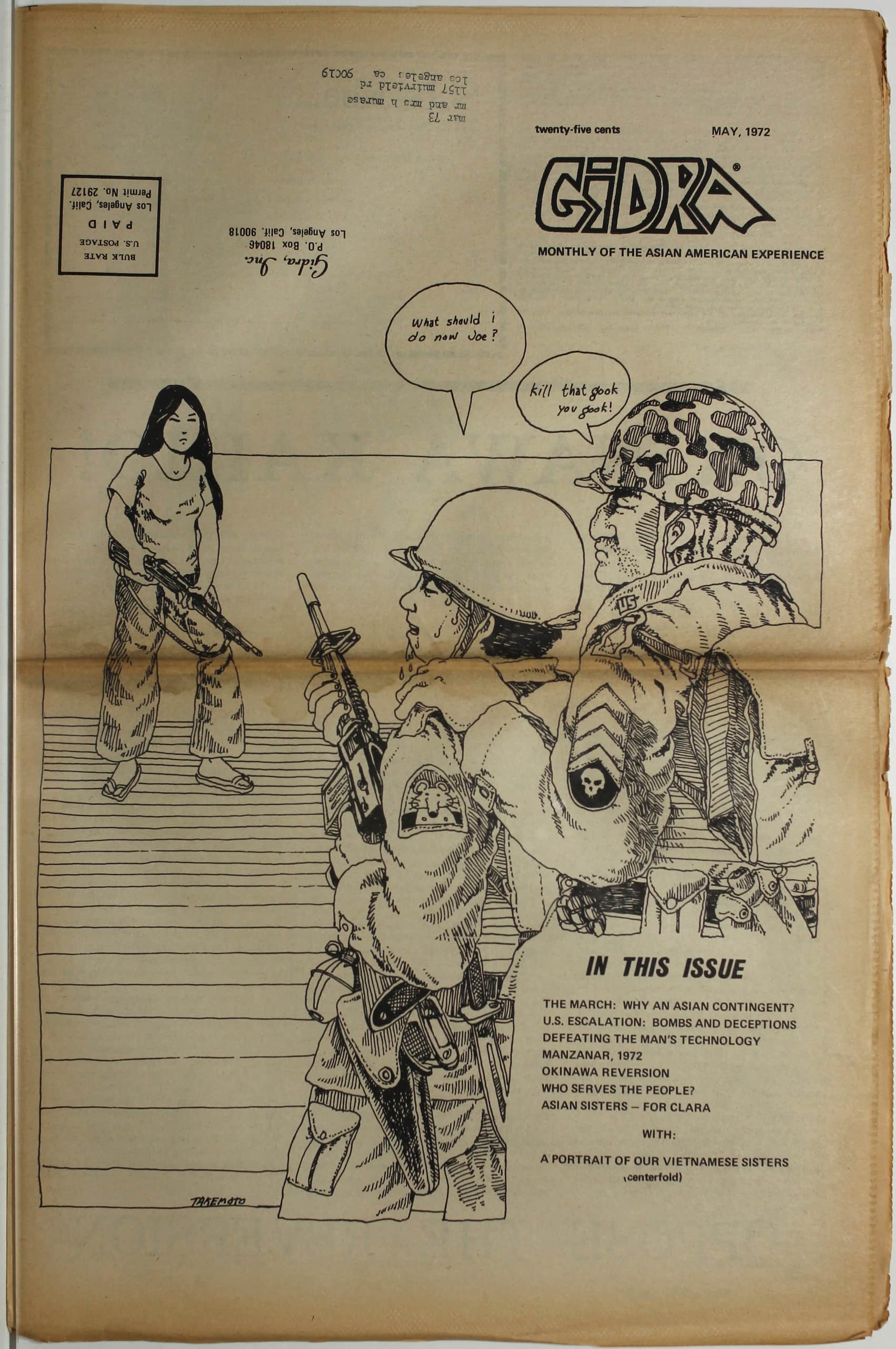 A drawing on the cover of Gidra that shows a Vietnamese woman with a rifle in a standoff with two U.S. soldiers.