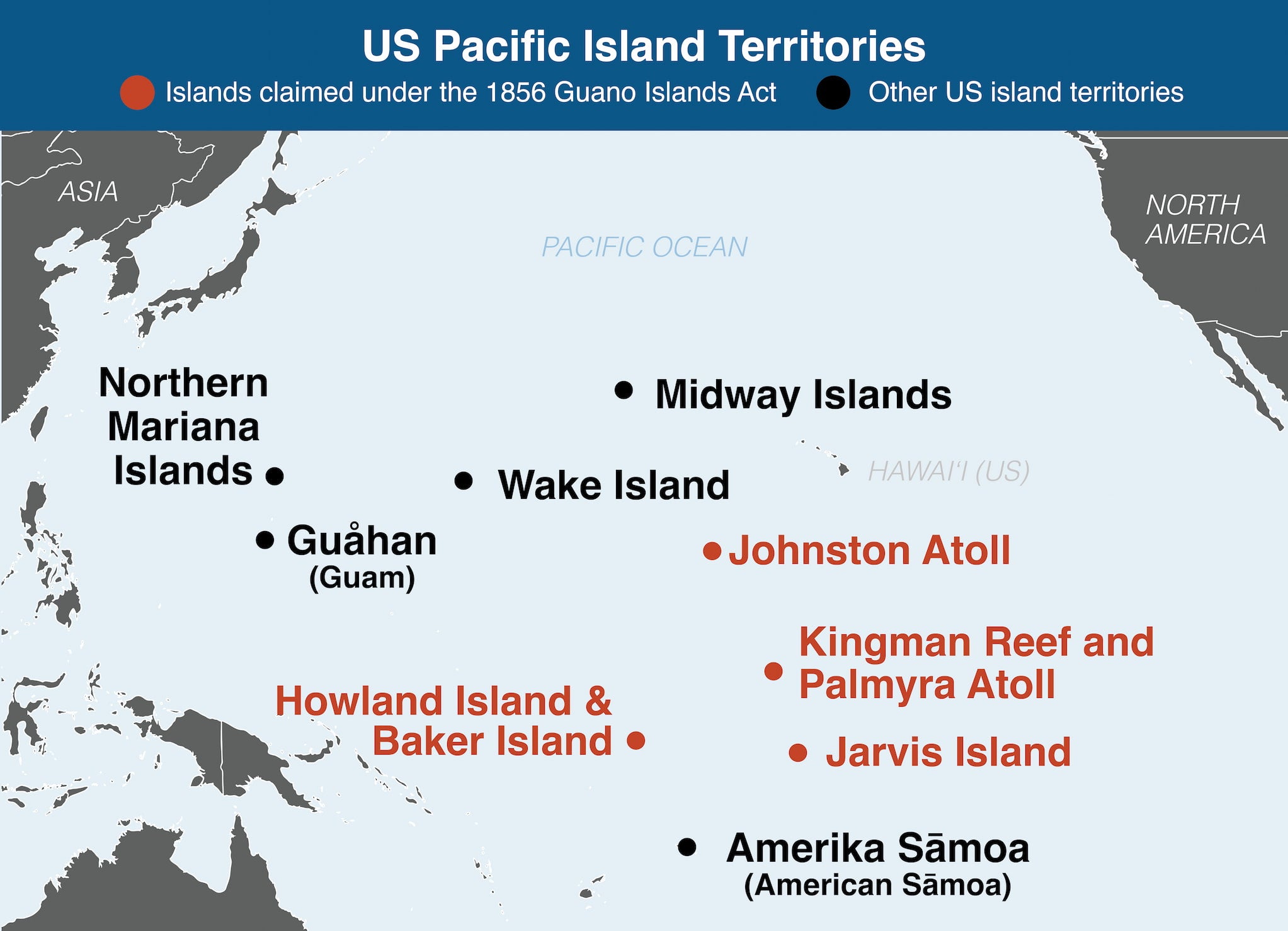 erritories are identified with different colors: Claimed under Guano Islands Act (red); Other US Territories (black).