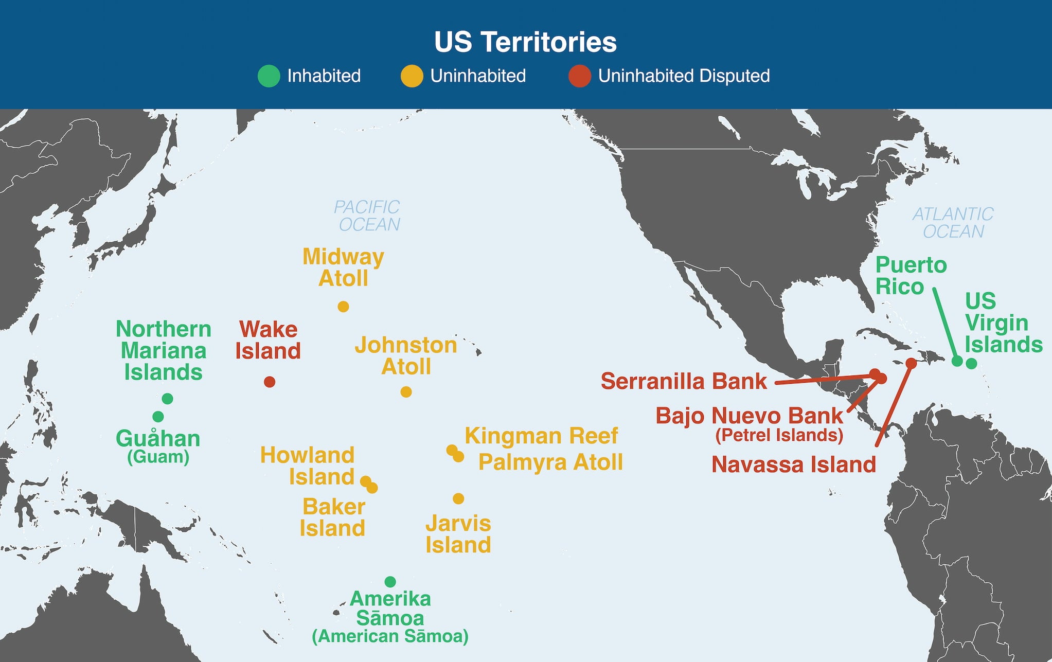 In this map, font color indicates whether Territory is Inhabited (green), Uninhabited (yellow), or Uninhabited Disputed Territory (red).