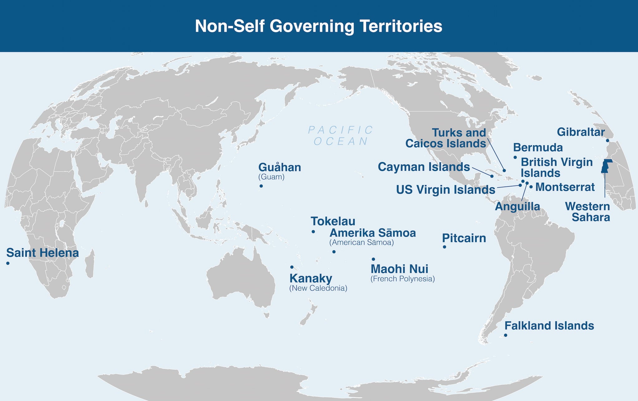 World map with title "Non-Self-Governing Territories." NSGTs are labeled in blue.