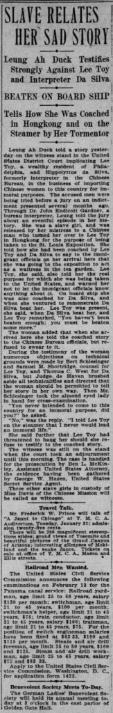 The article titled, "Slave Relates Her Sad Story," details Leung Ah Duck's testimony against H. L. Eça da Silva.