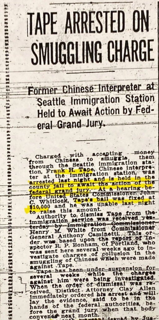 The article titled "Tape Arrested on Smuggling Charge" reports Frank Tape's arrest for accepting bribes from Chinese migrants.