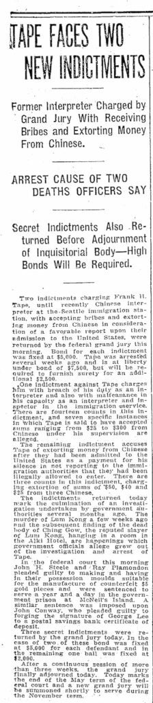 The article titled "Tape Faces Two New Indictments" details indictments against Frank Tape for receiving bribes.