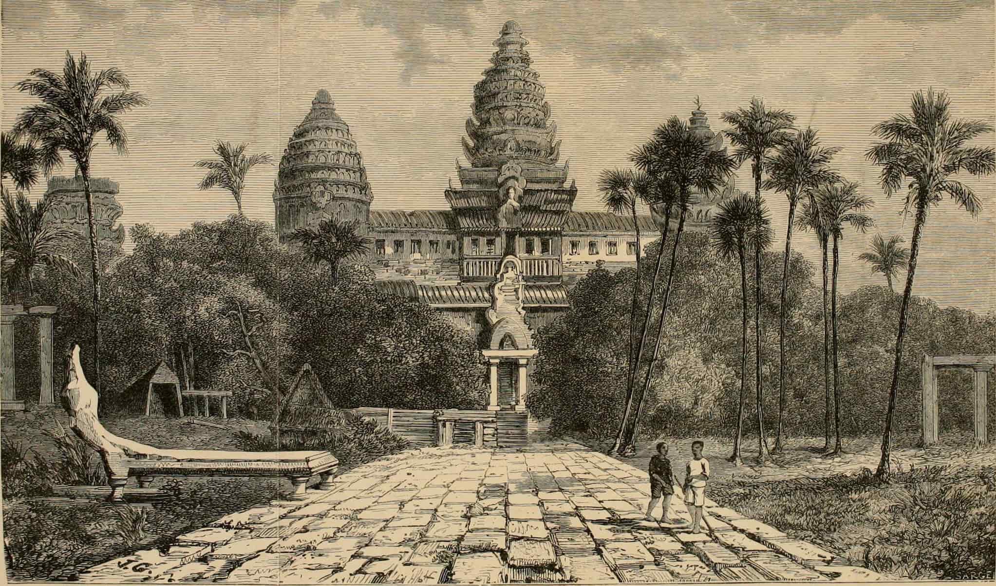 Drawing of two boys in shorts and t-shirts walking on a cobbled path with Angkor Wat behind them. Overgrown foliage and trees surround Angkor Wat.