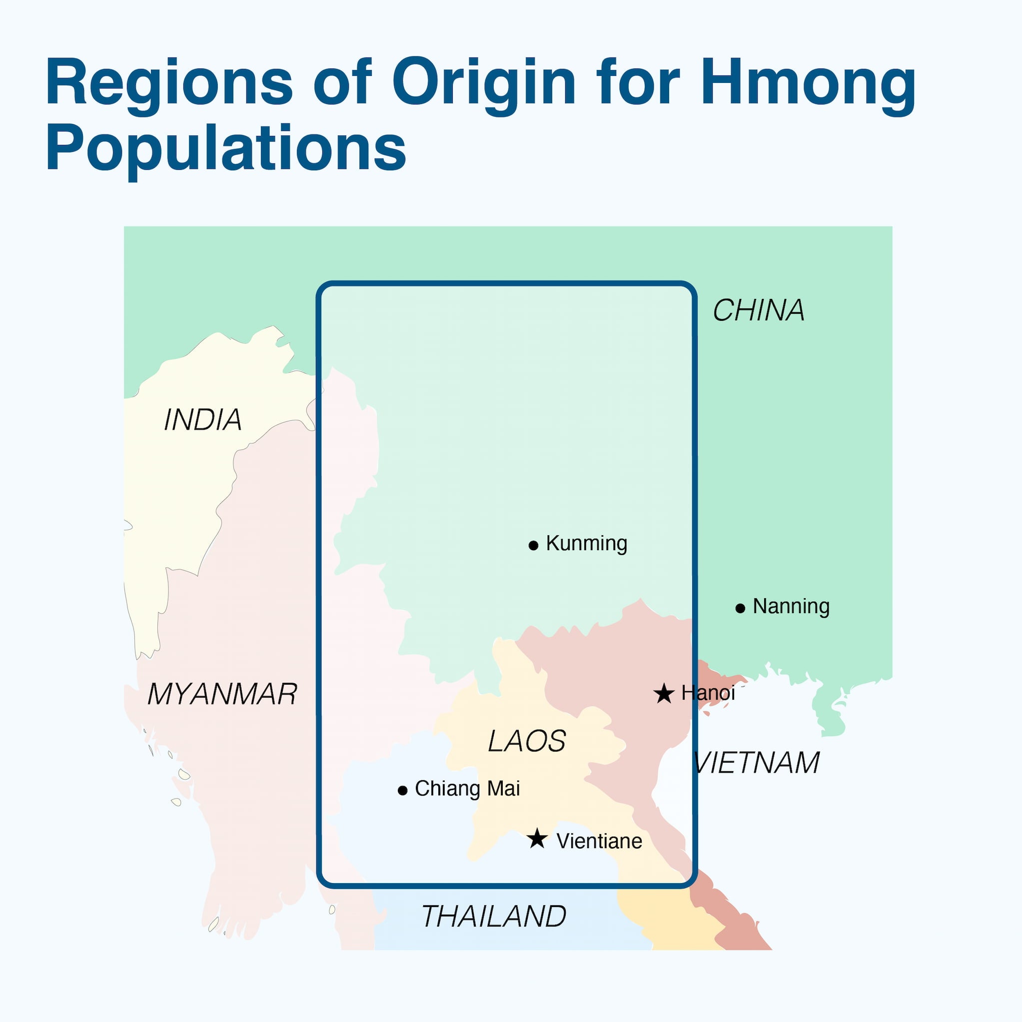 Map of Southeast Asia highlights the geographic regions from which Hmong populations originate. A blue line is drawn around these regions.