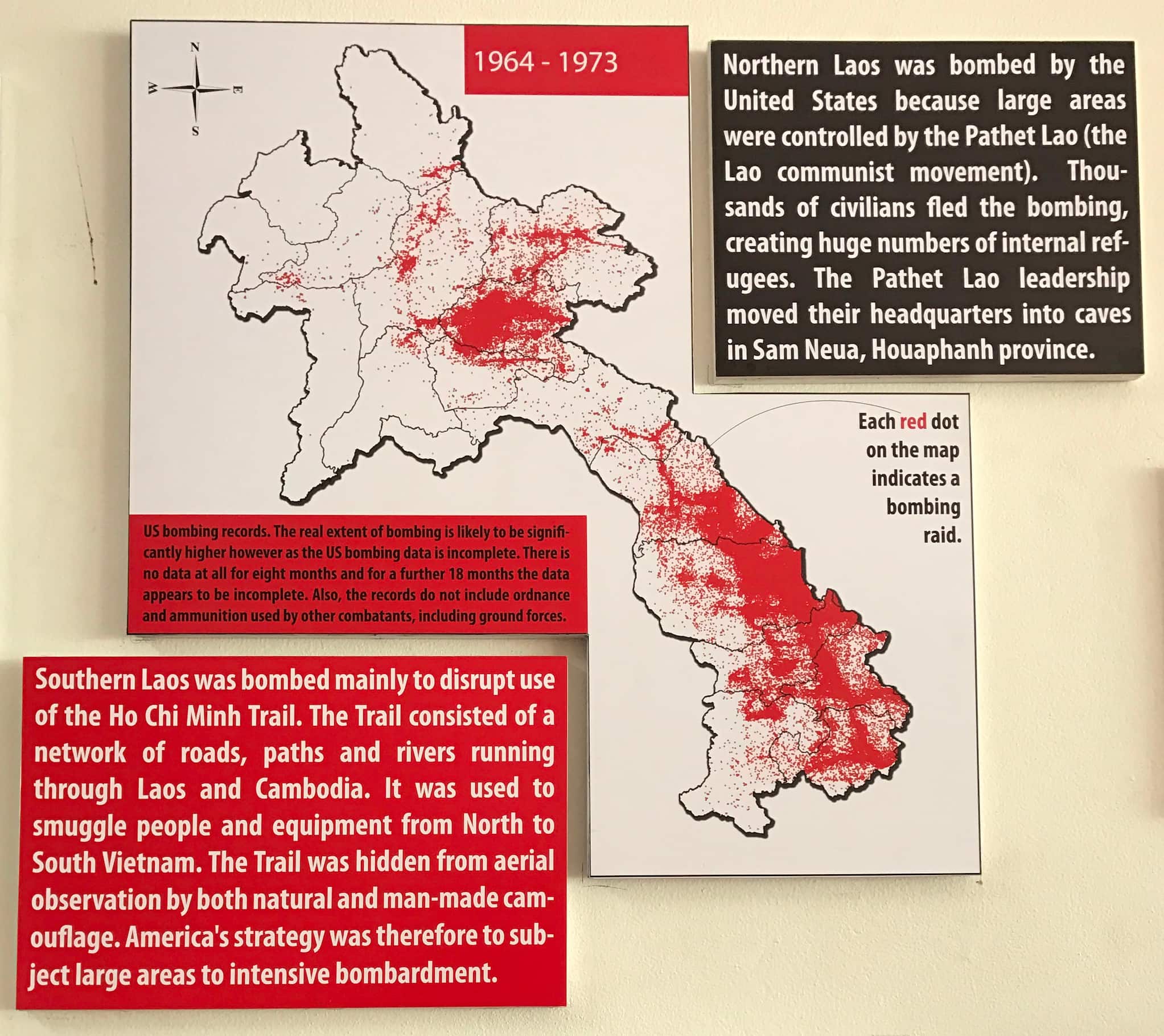 Exhibit on museum wall shows a map of the areas in Laos that were bombed by the U.S. between 1964 and 1973.