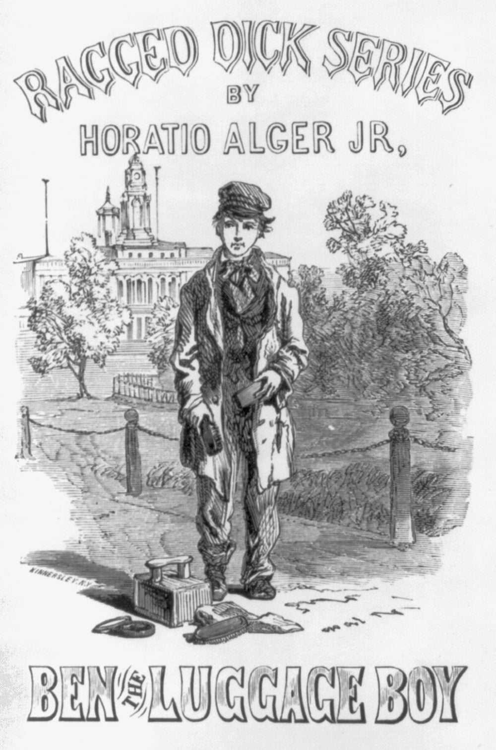 Illustrated cover of Ben, The Luggage Boy. Features a drawing of a young man holding shoe shine brushes as he stands before mansion in background.