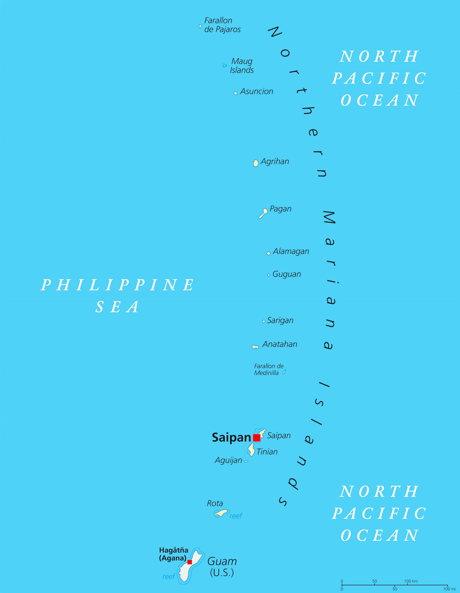 Map of the Mariana Islands. Islands in Northern Mariana Islands are labeled. The island of Guam appears at the bottom of the archipelago.