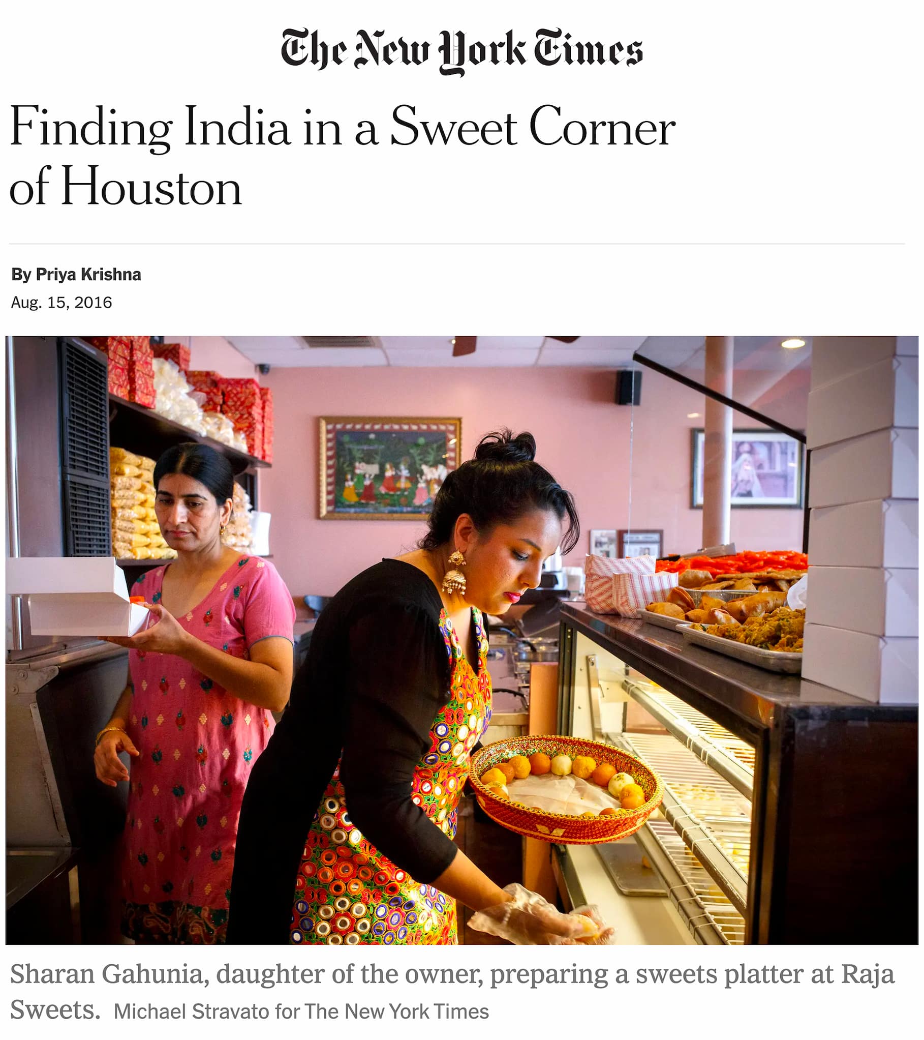 An article on Raja Sweets appears beneath New York Times masthead. Two women stand behind display case. One woman prepares a sweets platter.