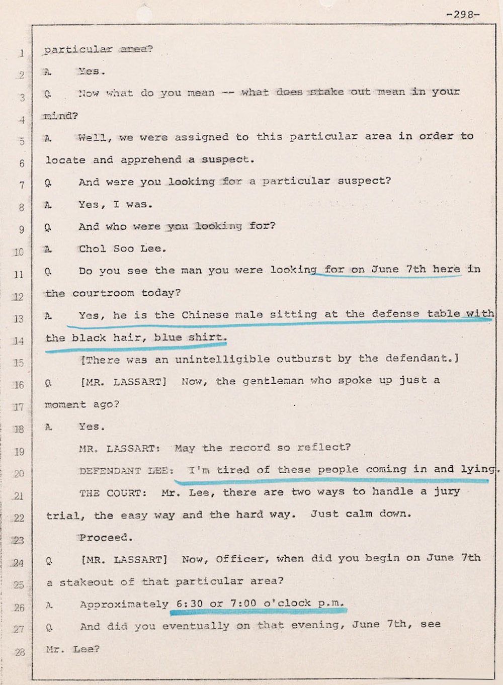 The document shows the transcript to the People of the State of California vs. Chol Soo Lee trial. He is misidentified as Chinese and reacts to it.