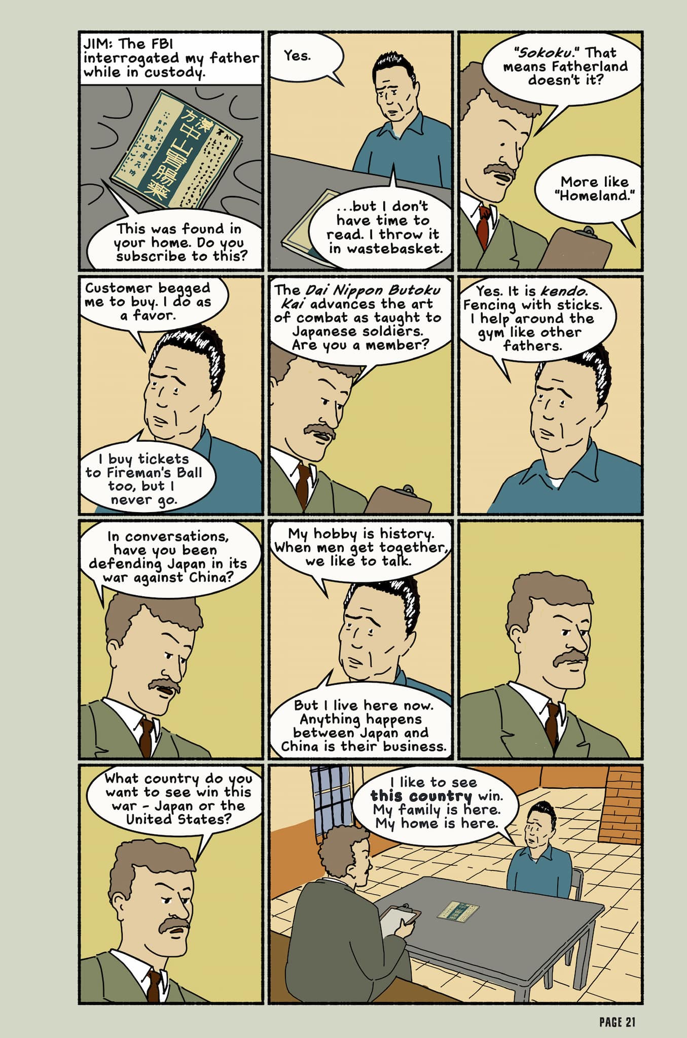 This page shows Nisei Jim Akutsu's dad being interrogated for contraband. At the end the cop asks him who he wants to win, Japan or the U.S.