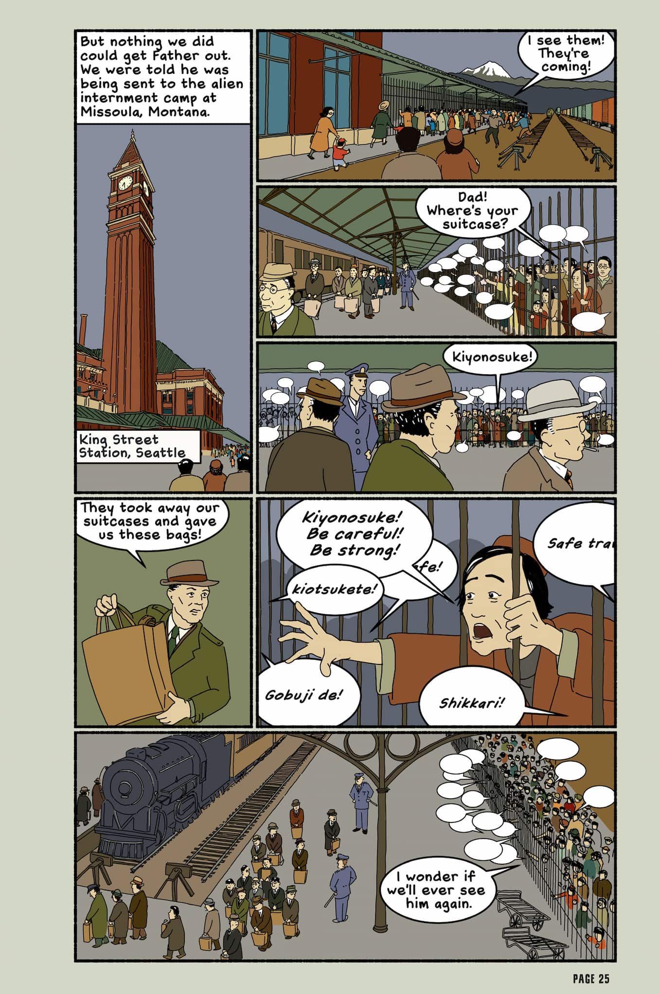 This page shows Nisei Jim Akutsu and his family visit a train station to see their dad being taken away to an internment camp.