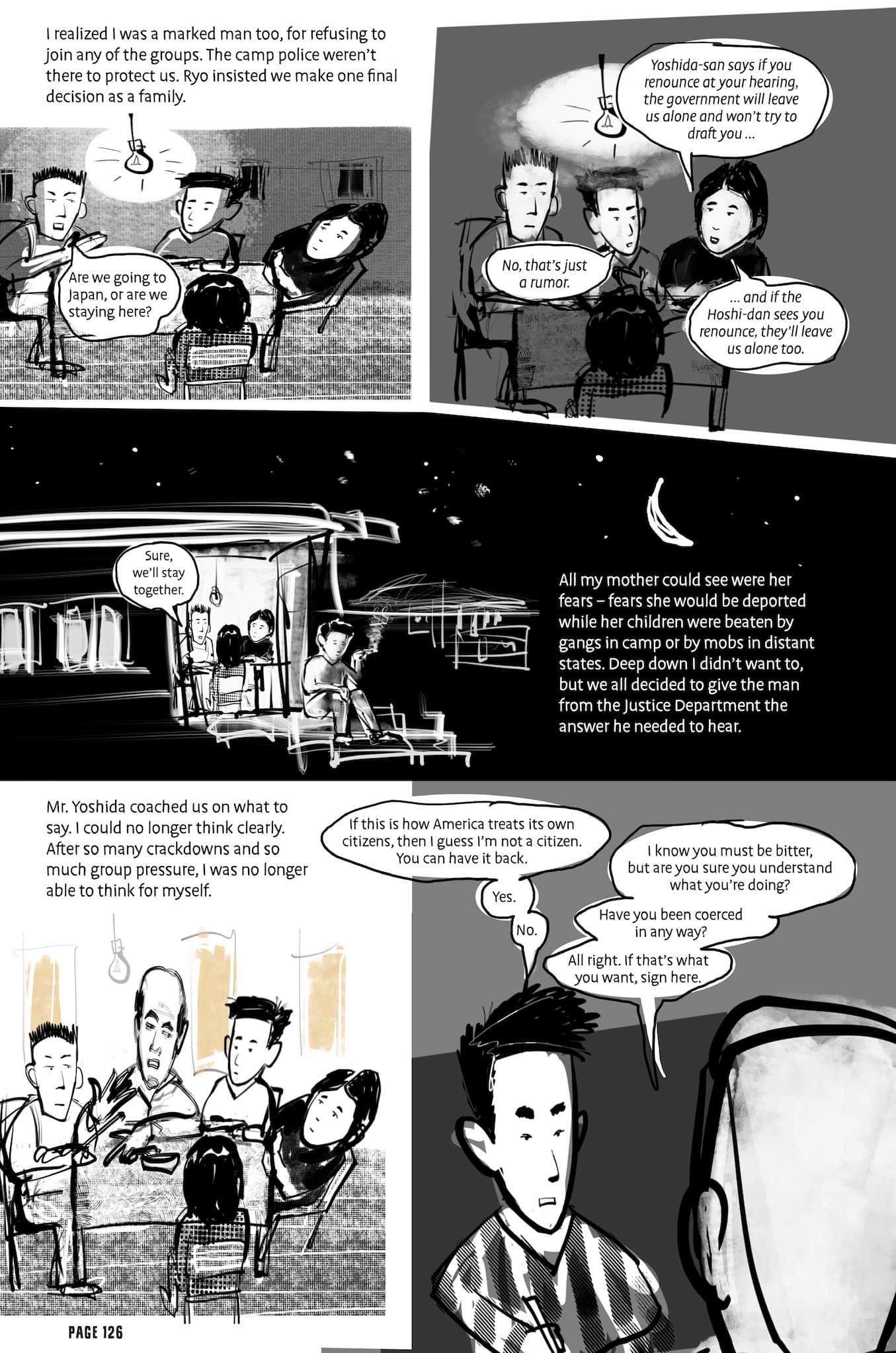 This page shows a Japanese American family talk about what they plan to do with their citizenship. The Japanese boy tells a white man his answer.