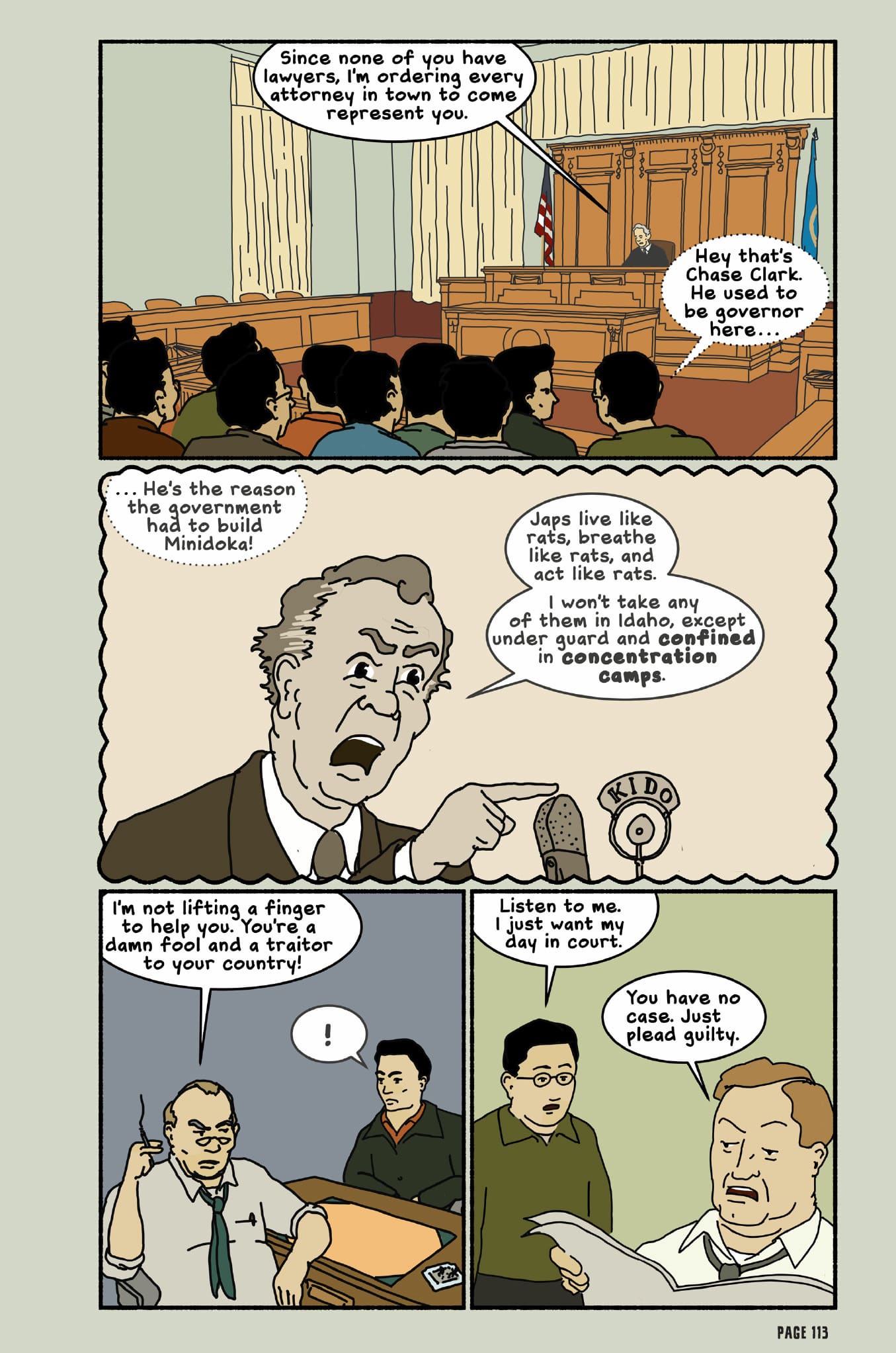 This page shows the court proceedings of the draft dodging trial. A witness lies while being questioned in court.