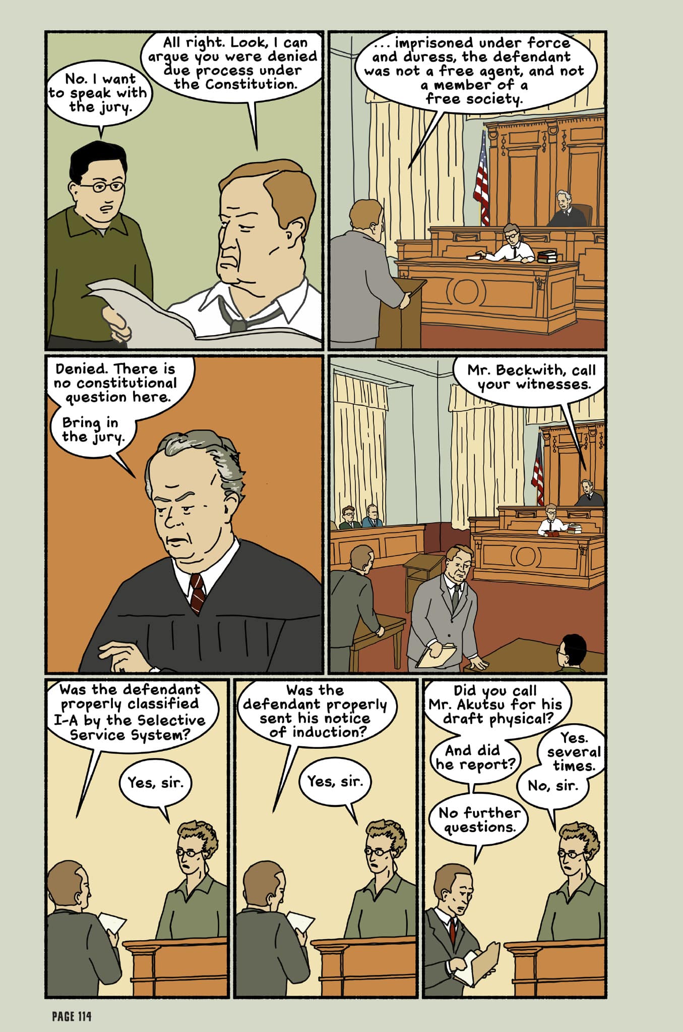 This page shows the court proceedings of the draft dodging trial. A witness lies while being questioned in court.
