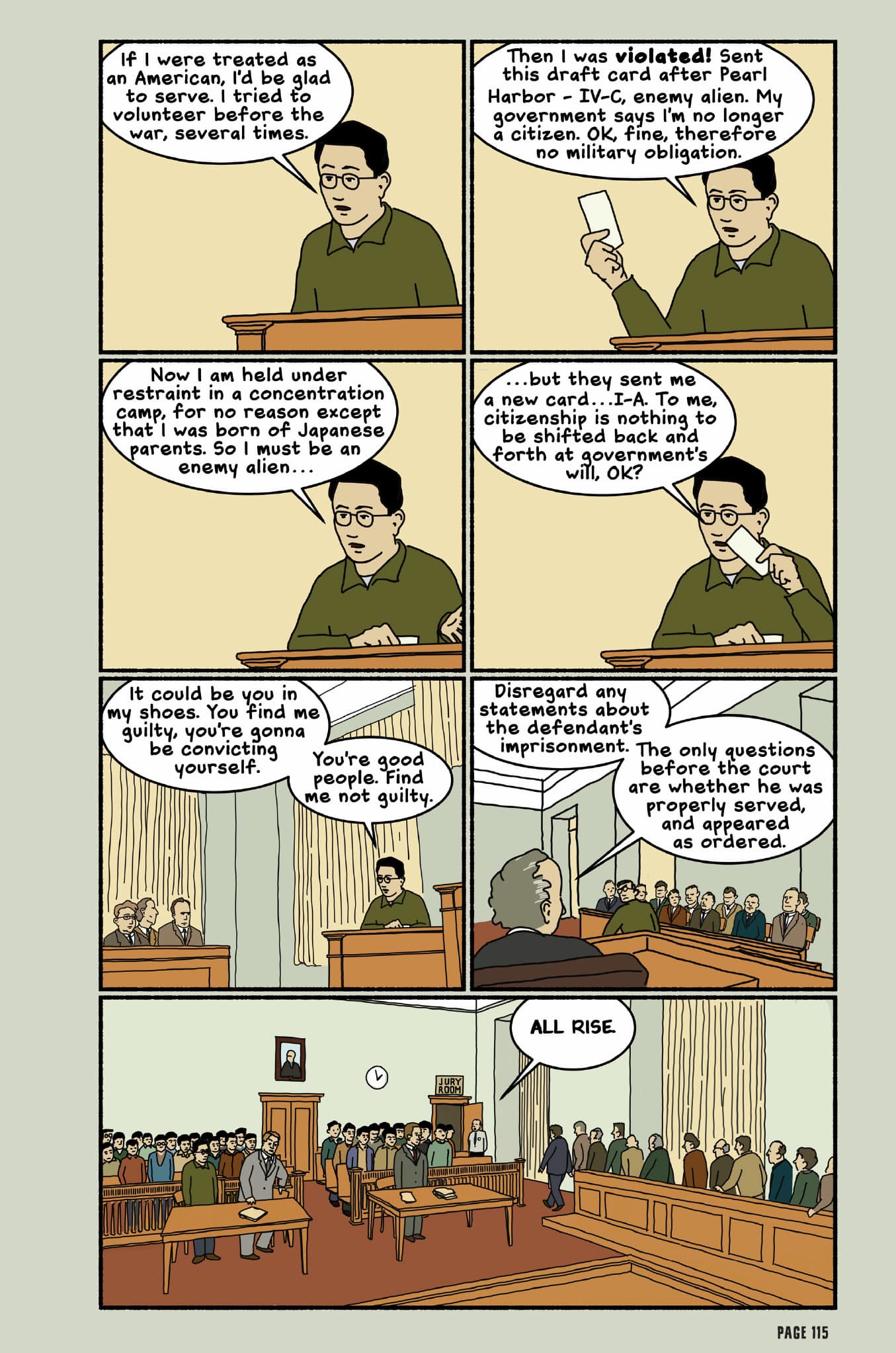 This page shows Nisei Jim Akutsu defending himself in court and speaking to the jury. The judge sends the jury away as everyone rises.