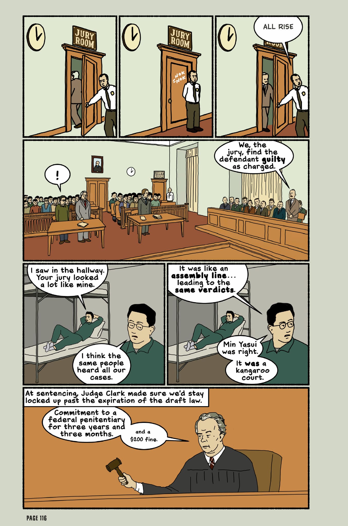 This page shows the jury finding Nisei Jim Akutsu guilty. Two inmates talk about the court trials and their suspicions.