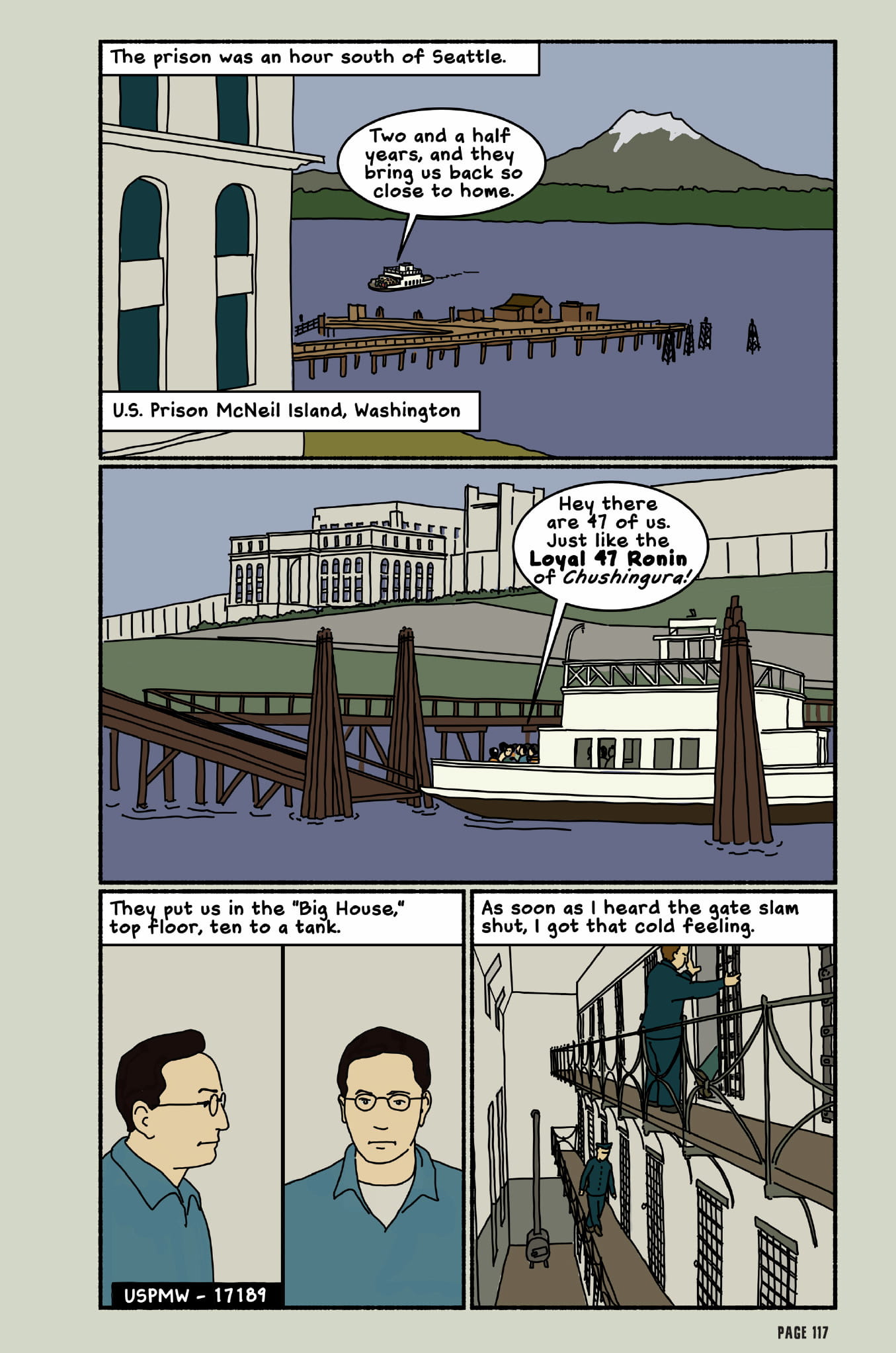 This page shows the inmates arriving on ship to U.S. Prison McNeil Island. Nisei Jim Akutsu arrives at his cell and describes feeling cold.